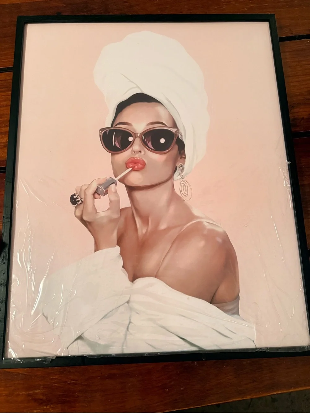 Glamour Wall Art Print - Woman Applying Lipstick on Blush Pink
